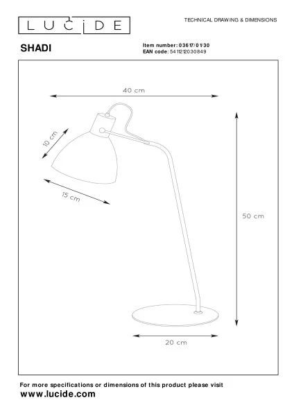 Lucide SHADI - Bureaulamp - Ø 20 cm - 1xE14 - Zwart - technisch